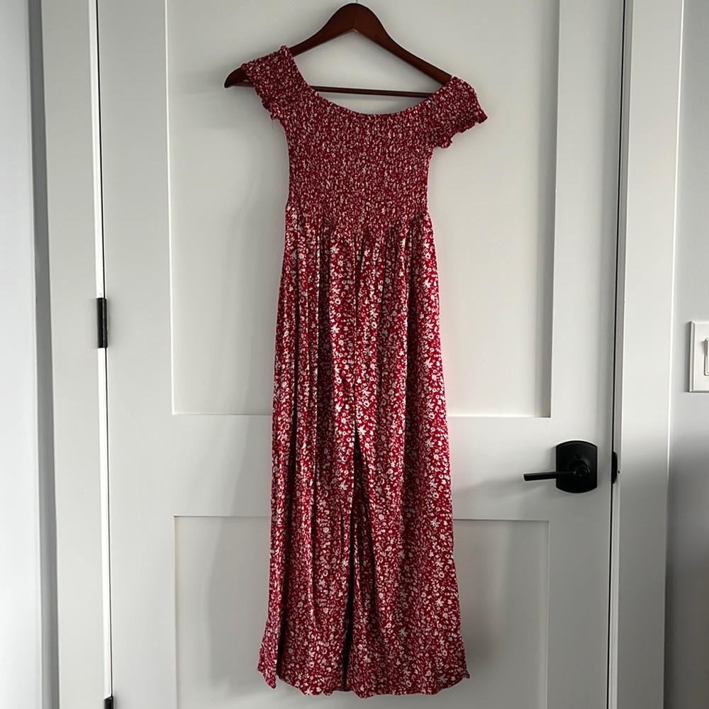 Red Women's Boho Floral Print Off Shoulder Split Long A Line Dress